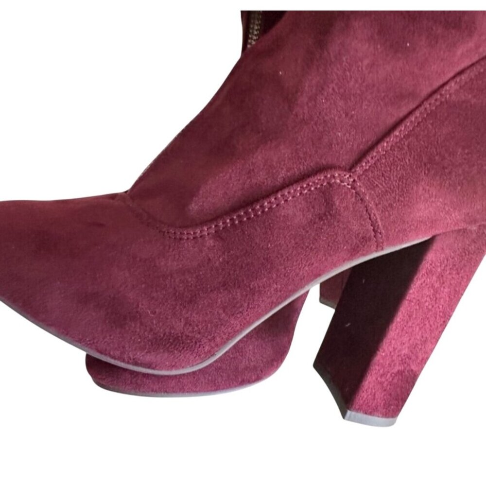Burgundy Suede Ankle Booties With Front Zipper & Block Heels - Picture 6 of 13